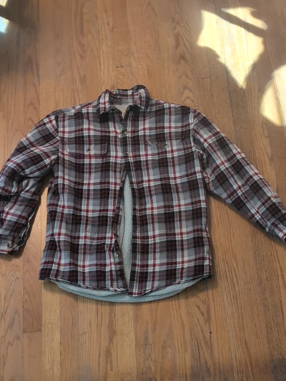RedHead Men's Burgundy and Gray Plaid Sherpa-Lined Puffer Shirt Jacket